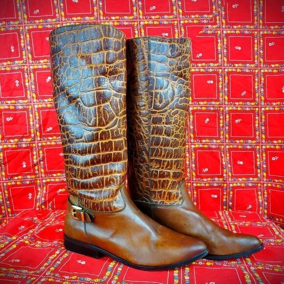 Etienne Aigner Brown Croc-Embossed Heeled Boots - Picture 1 of 7